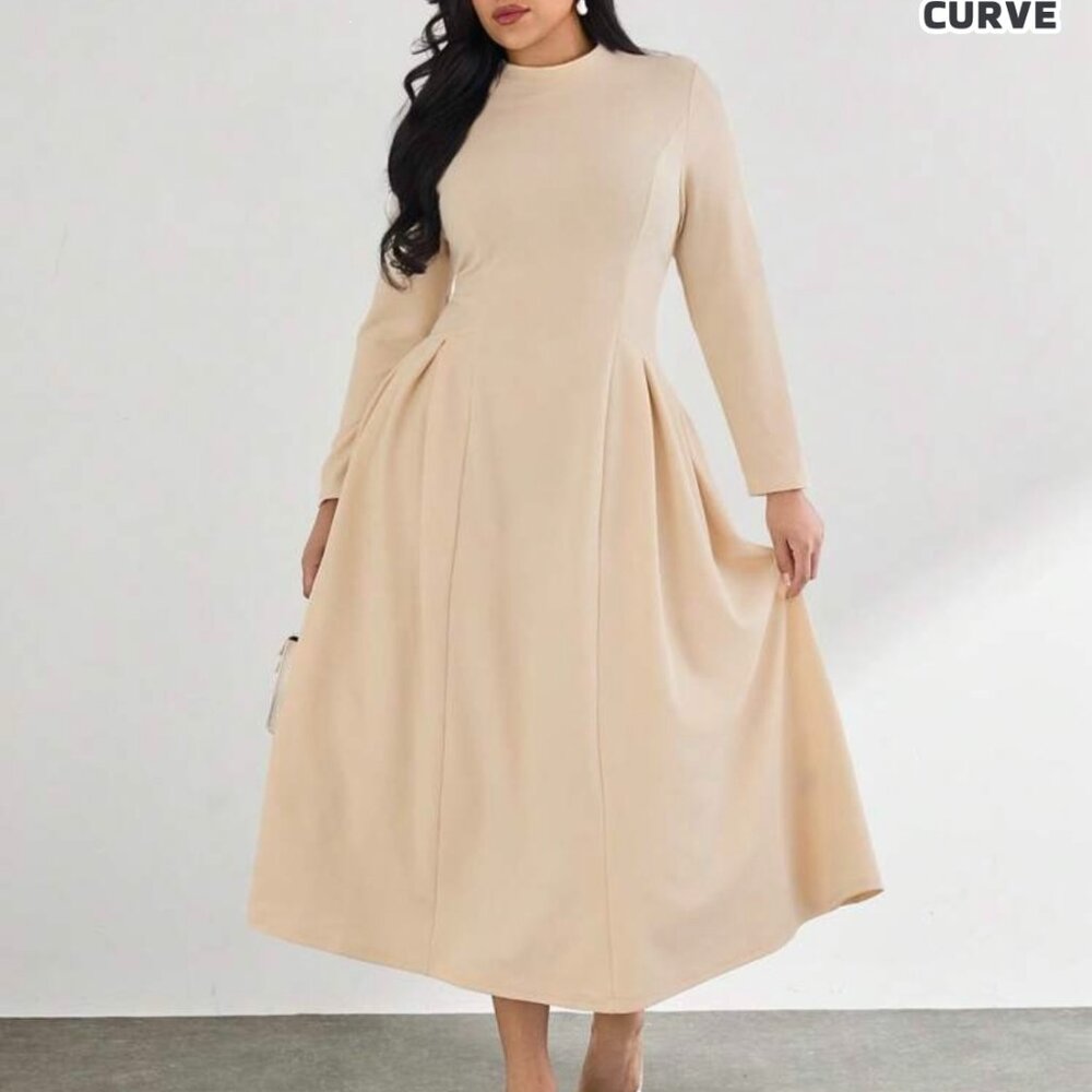 Firerie Plus Size Elegant & Comfortable Pleated A-Line Long Sleeve Midi Dress